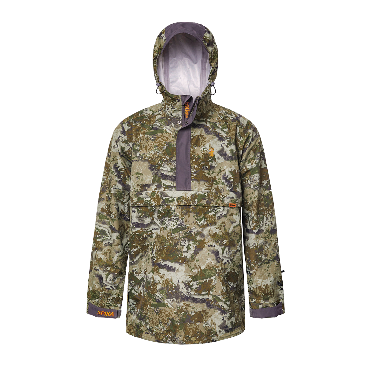 Spika Buckland men's Biarri Camo hunting smock, front view showing the grey storm flap and cuff tabs
