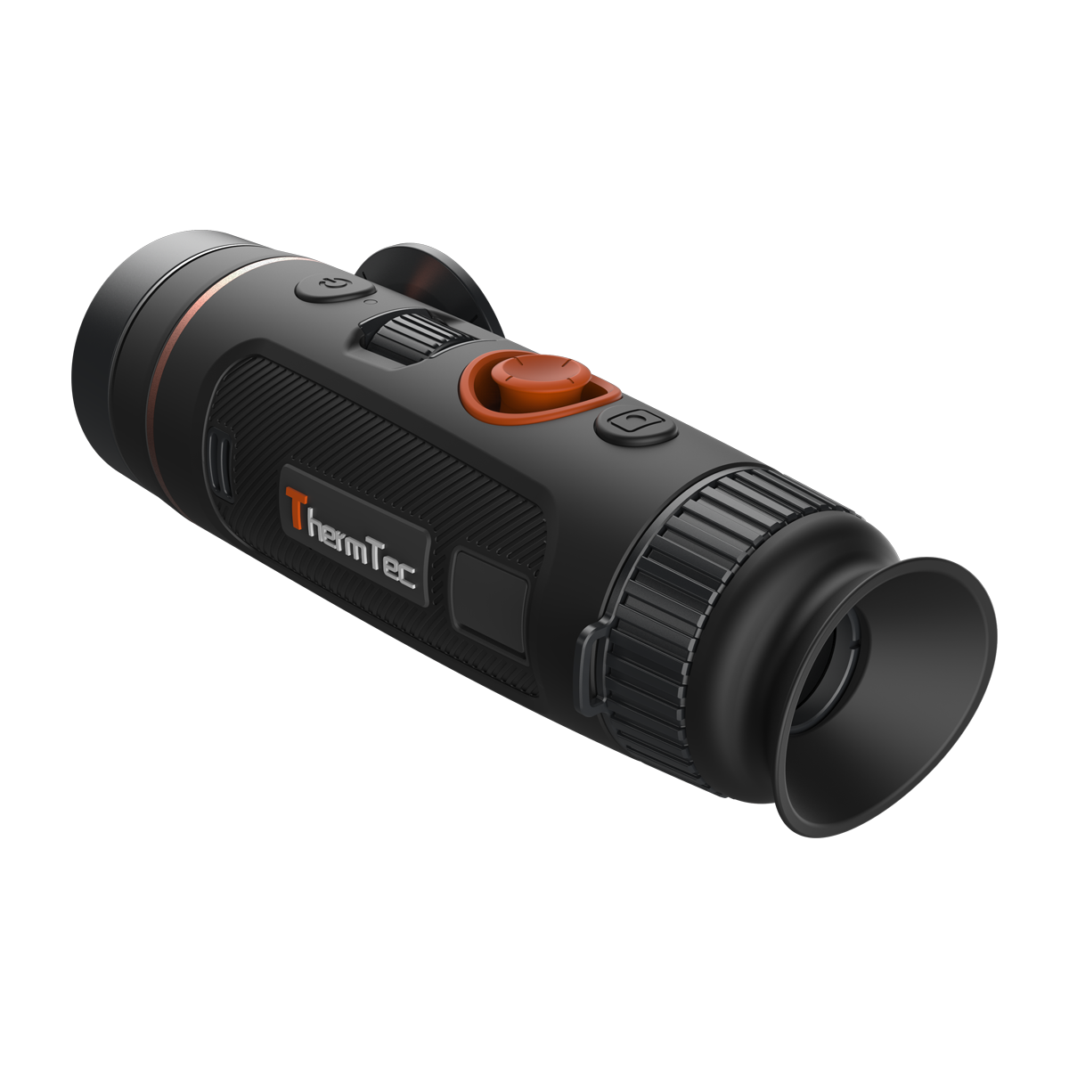 ThermTec Wild 325 thermal monocular, rear three-quarter view of eyecup and ThermTec logo side
