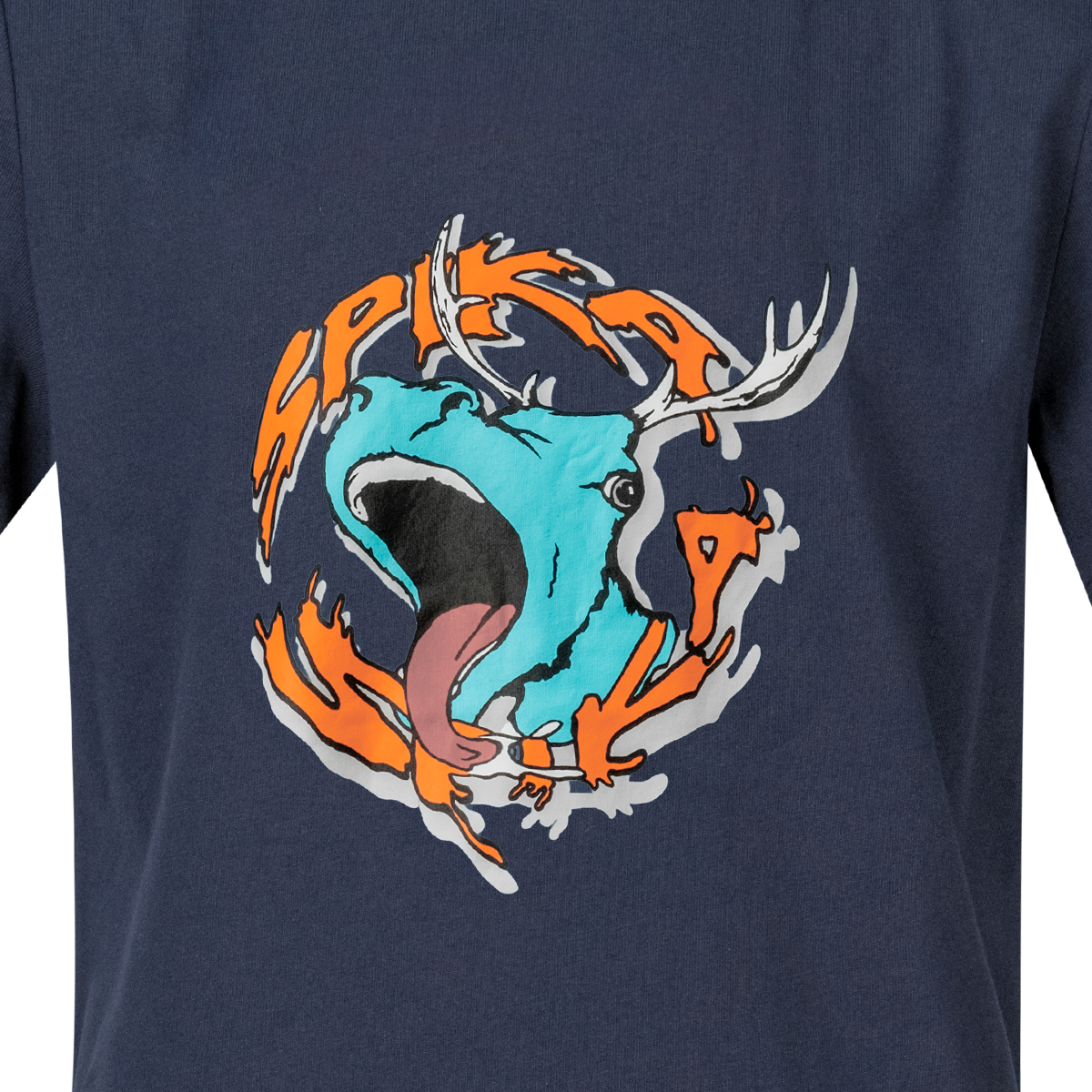 Close-up of the roaring stag and orange SPIKA lettering graphic on the GO Rogue kids' navy T-shirt