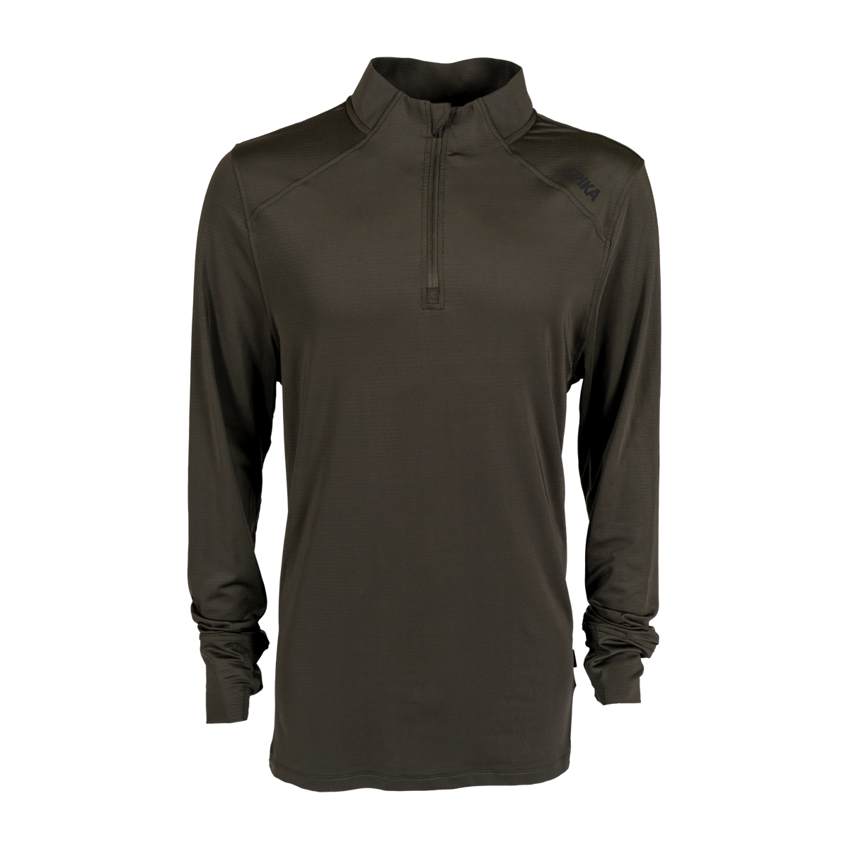 Spika Enduro men's Olive Summit athletic top, front view of the quarter-zip collar and long sleeves