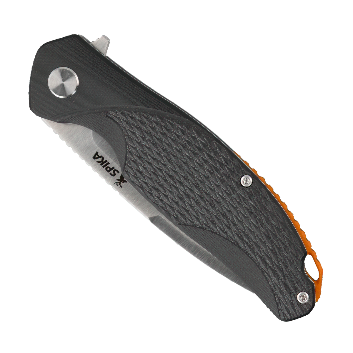 Spika Bushmaster Raider folding knife closed, black textured handle with Spika logo on the blade