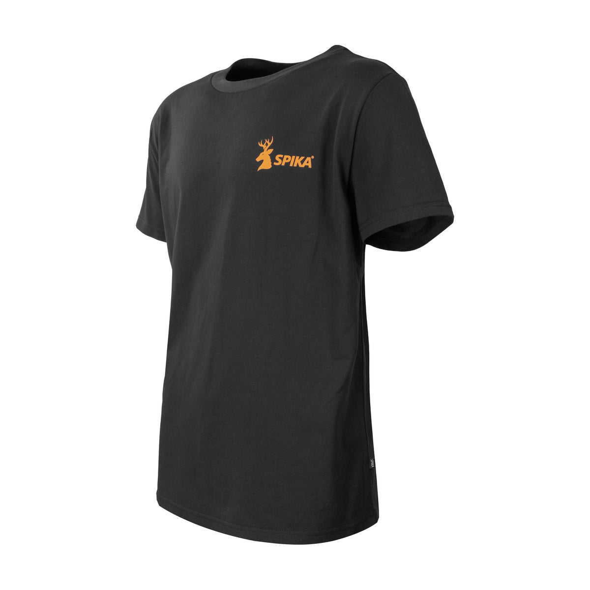 Spika GO Classic men's black T-shirt, three-quarter side view with small orange SPIKA chest logo