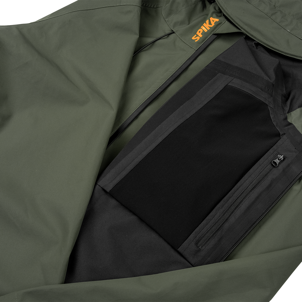 Spika Scout men's jacket in Olive, opened to show black interior lining and inner zip pocket
