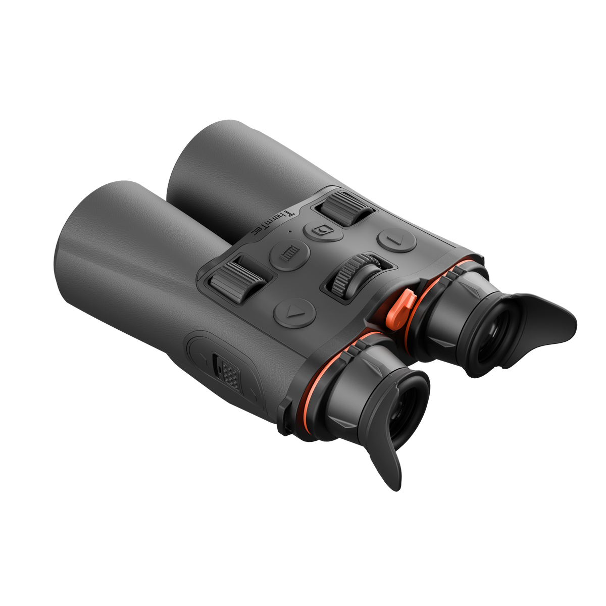 ThermTec Ventus 635L multi-spectrum binoculars, rear three-quarter view of eyecups and top controls