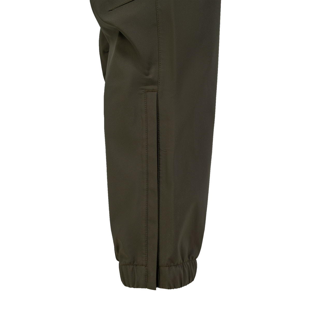Spika Reign women's pants in Olive Summit, close-up of the side ankle zip closed