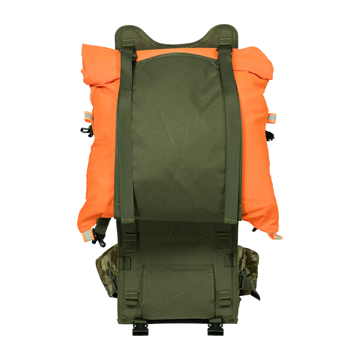 Spika Drover II Hauler frame in Biarri Camo carrying an orange dry bag strapped to the load face