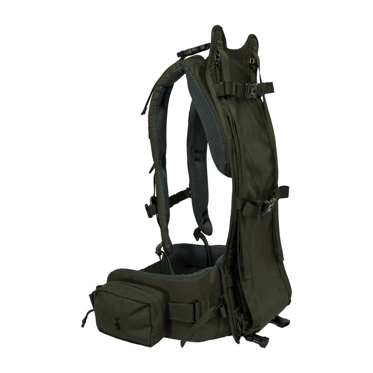 Spika Drover II Hauler frame in Olive Summit, side profile of harness and hip belt with the 80L pack removed