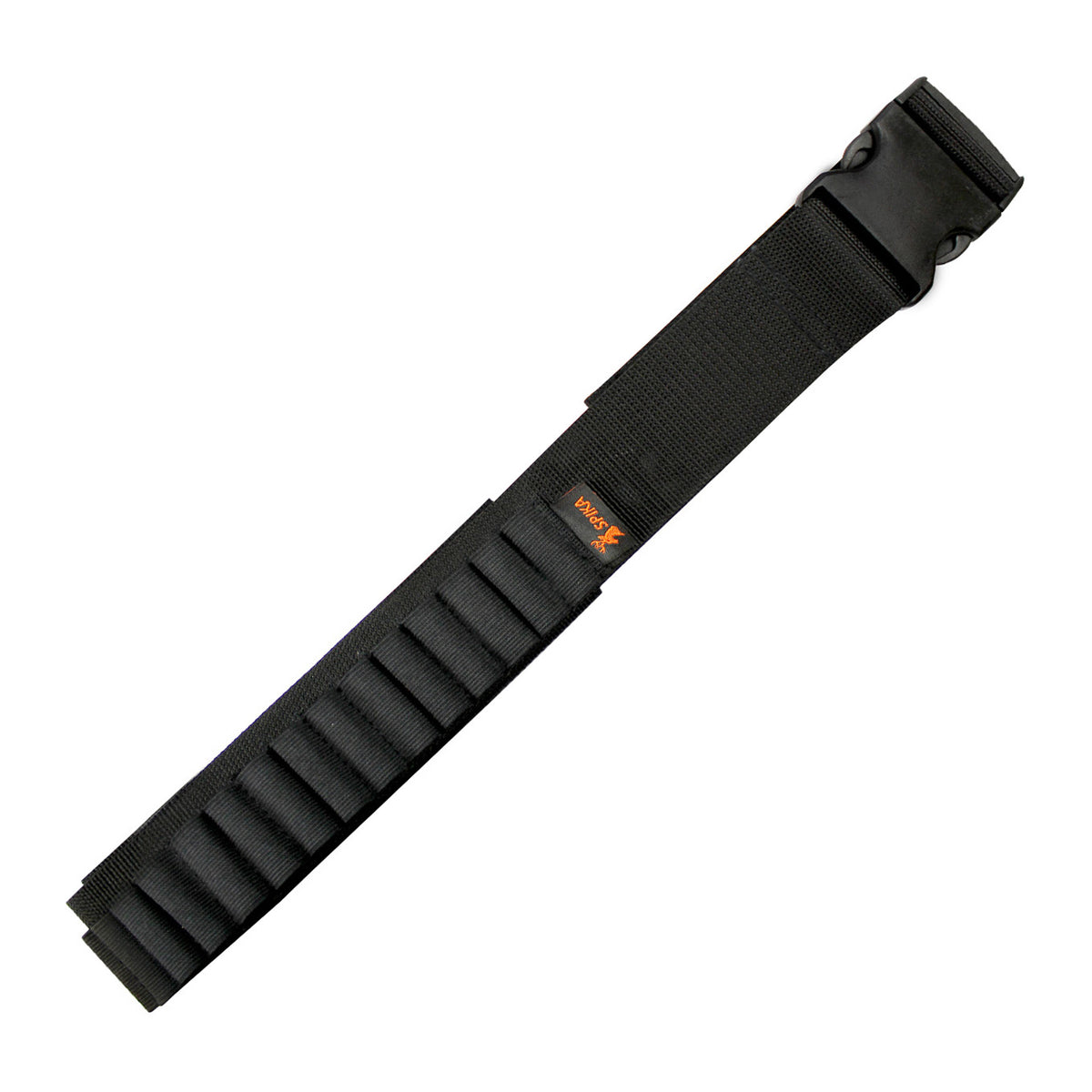 Spika rifle ammo belt in black, row of elastic cartridge loops and Spika logo tab