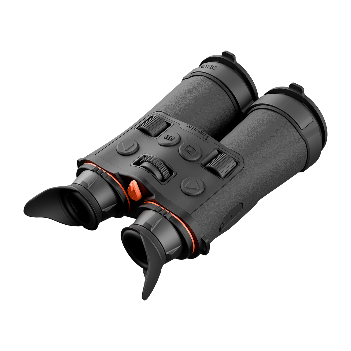 ThermTec Ventus 335L multi-spectrum binoculars, rear three-quarter view of eyecups and top controls from the right
