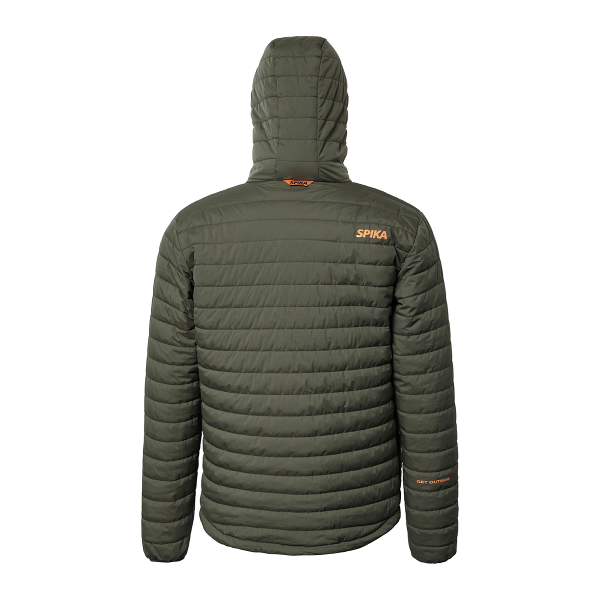 Spika Chase men's Olive puffer jacket, back view with orange Spika logo on the shoulder