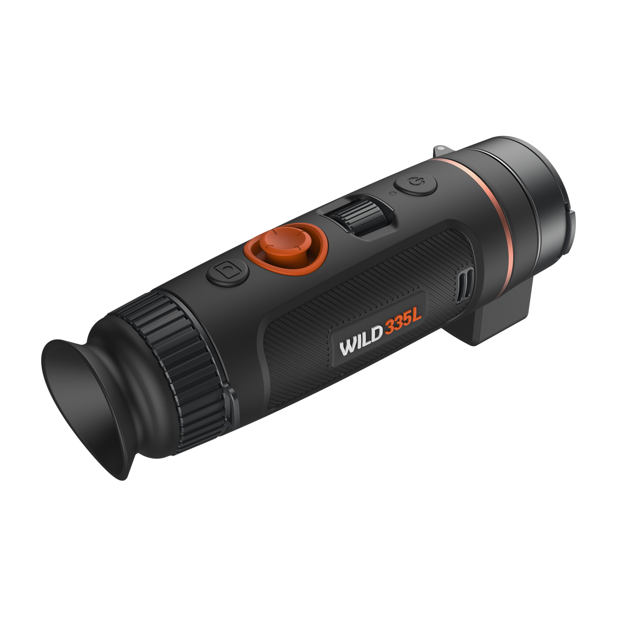 ThermTec Wild 335L thermal monocular, rear three-quarter view of eyecup, focus ring and controls