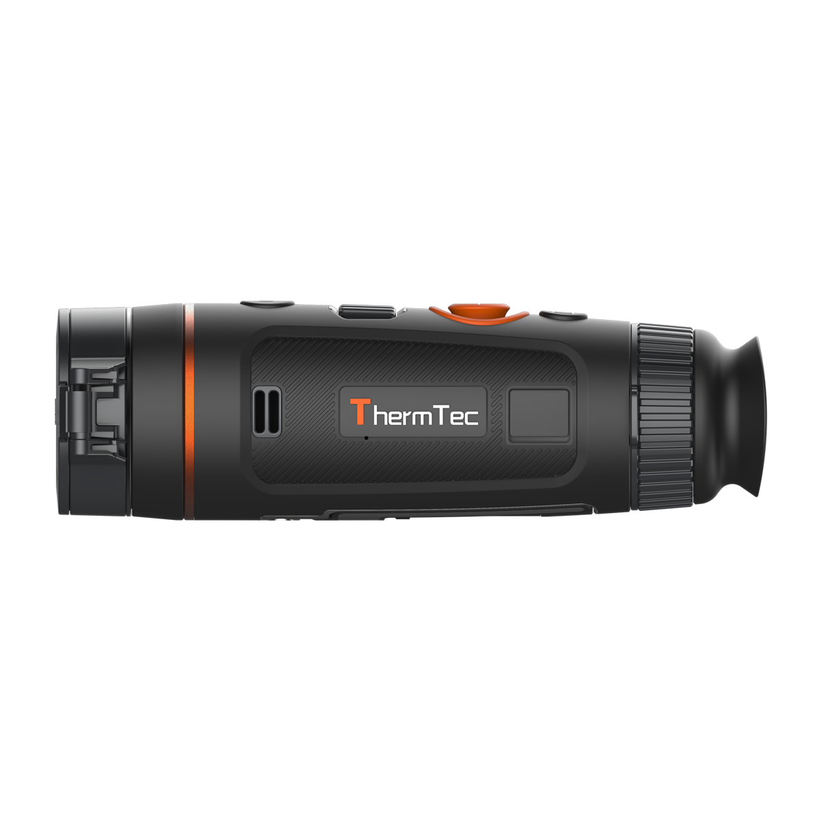ThermTec Wild 325 thermal monocular, side profile showing the ThermTec logo and lens end