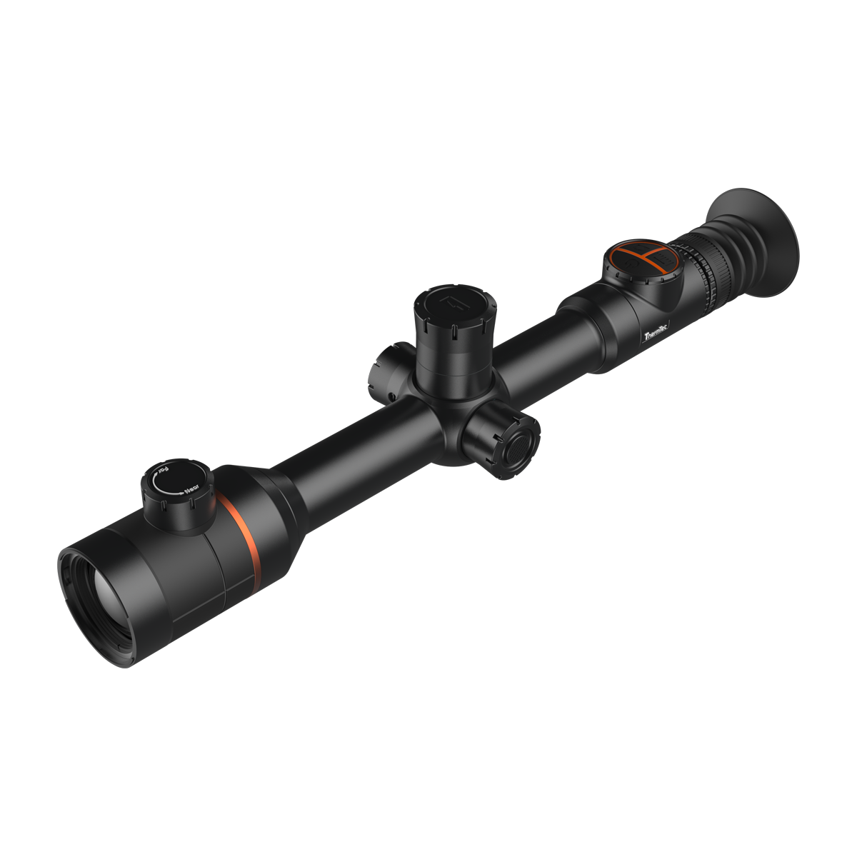 ThermTec Ares 335 2.0 thermal tube scope in black, three-quarter rear view with focus ring