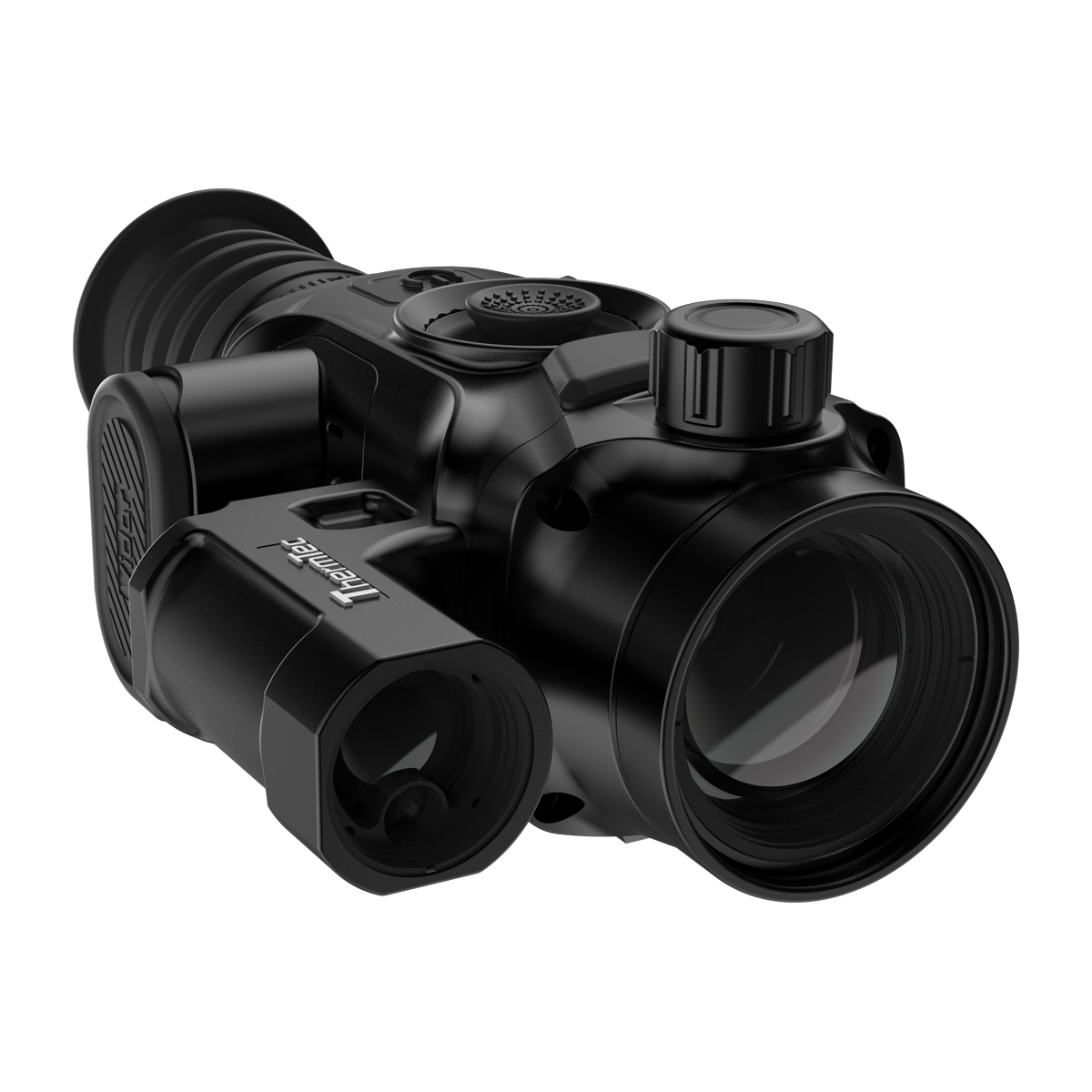 ThermTec Vidar-LRF 335L 2.0 thermal compact scope, front three-quarter view of lens and laser rangefinder