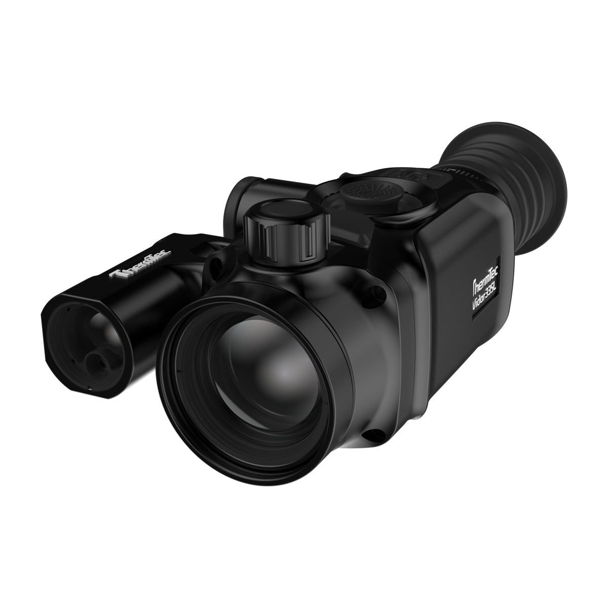 ThermTec Vidar-LRF 335L 2.0 thermal compact scope, low front view of objective lens and rangefinder