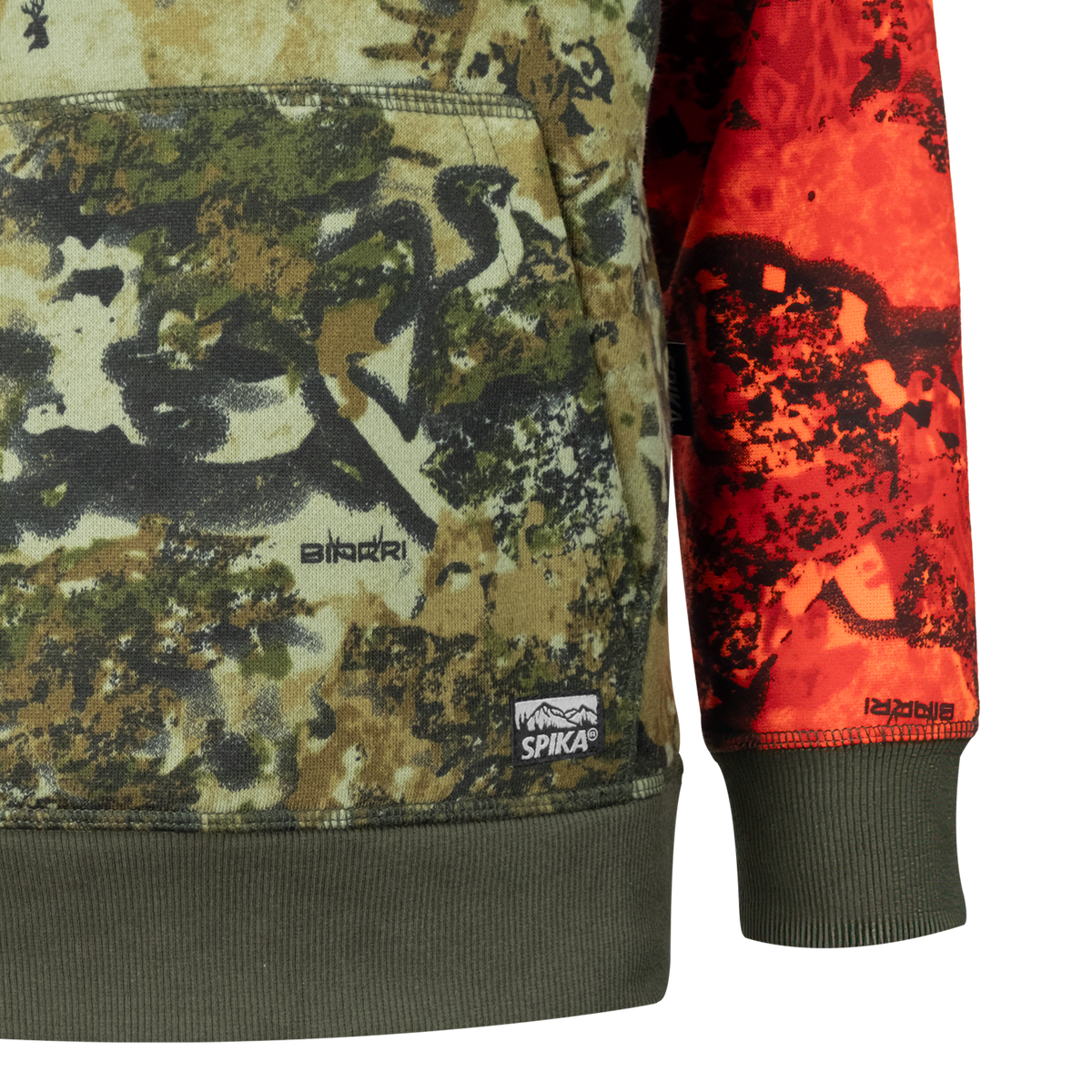 Close-up of the front pocket, Biarri print, hem label and ribbed cuff on the Spika GO Classic V2 kids' hoodie