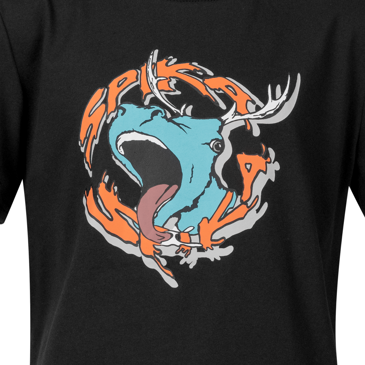 Close-up of the roaring stag and orange SPIKA lettering graphic on the GO Rogue kids' black T-shirt