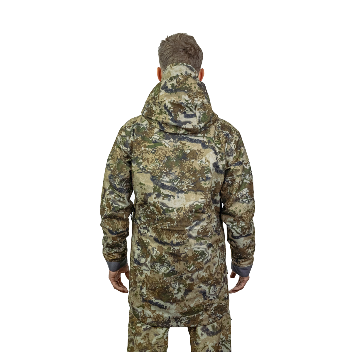 Man modelling the Spika Stalker men's hunting jacket in Biarri Camo, back view with hood down
