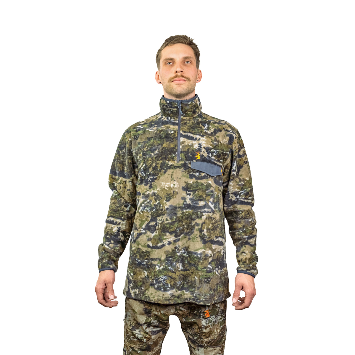 Man wearing the Spika Basecamp half-zip fleece jumper in Biarri Camo, front view on white