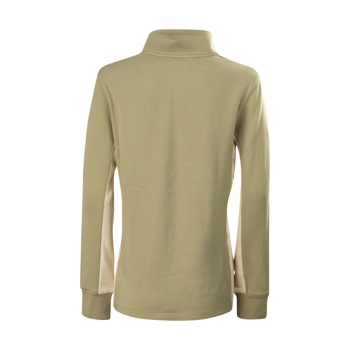 Spika GO AVP women's half-zip top in olive, back view showing cream side panels and ribbed cuffs