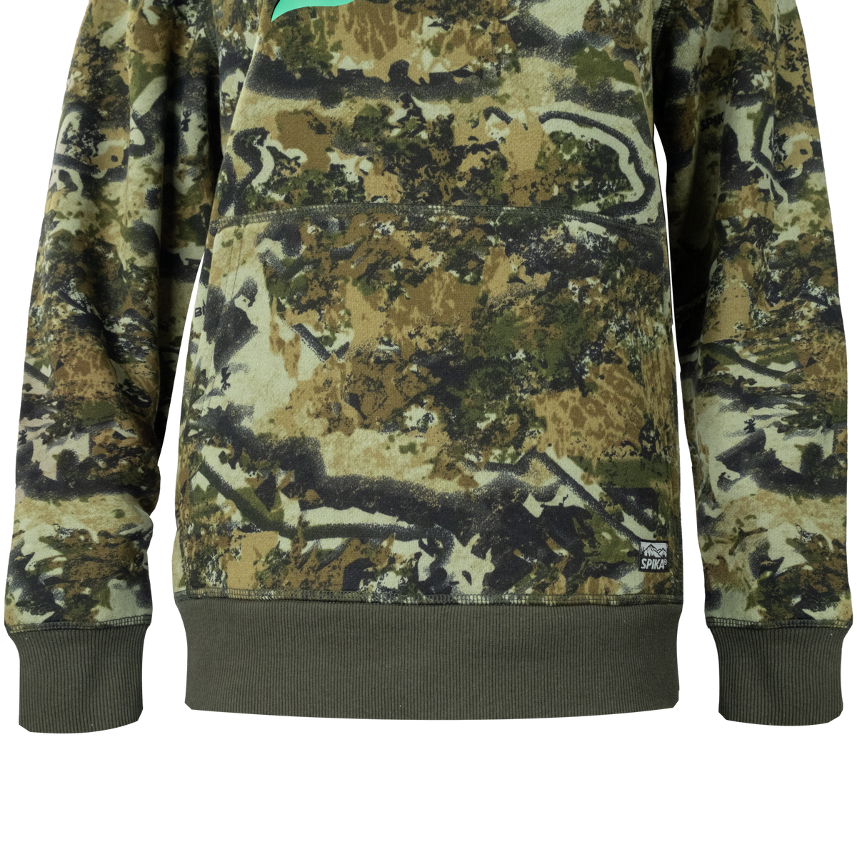 Close-up of the kangaroo pocket, olive ribbed hem and cuffs on the Spika GO Classic V2 Biarri Camo hoodie