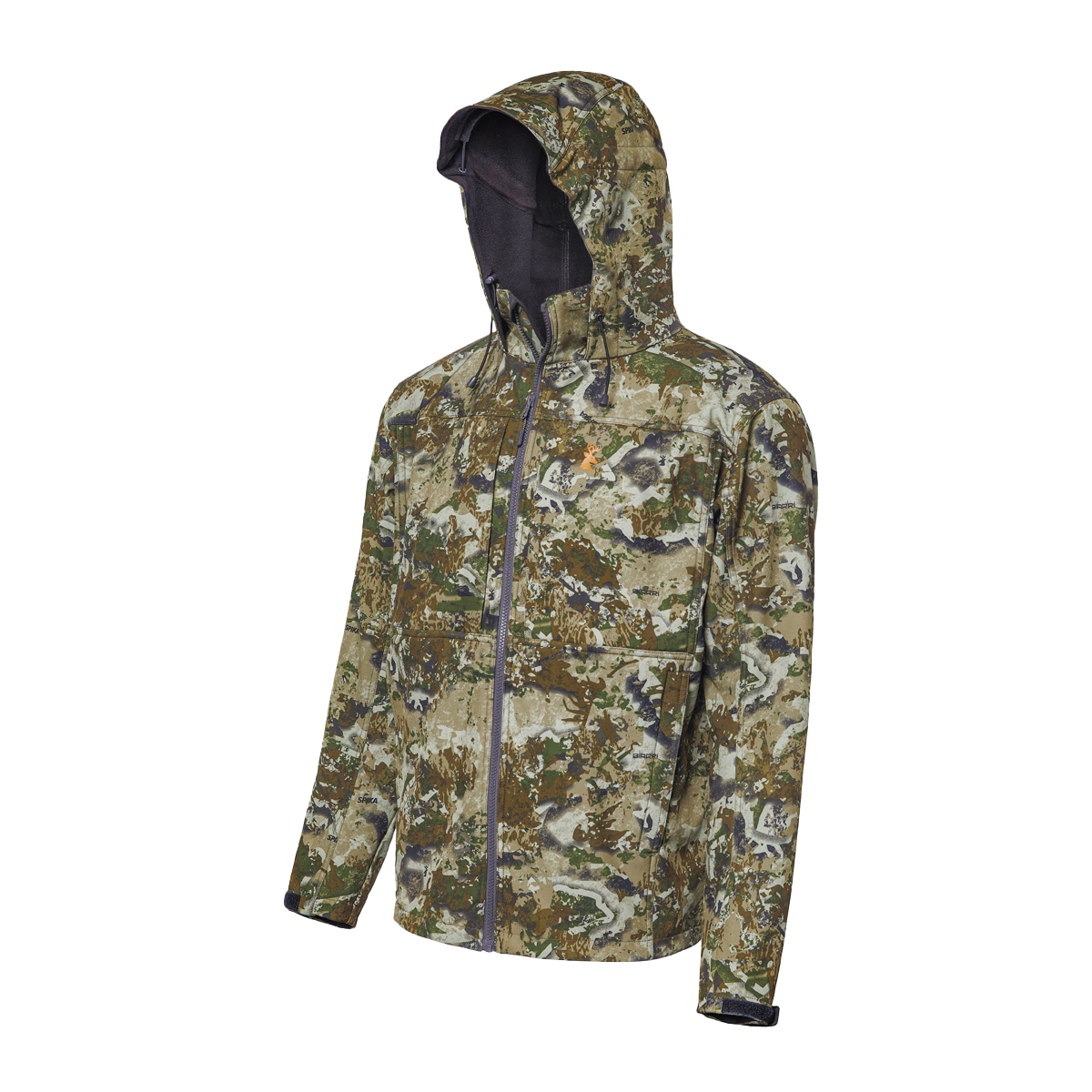 Spika Highpoint men's shell hunting jacket in Biarri Camo, three-quarter view with hood