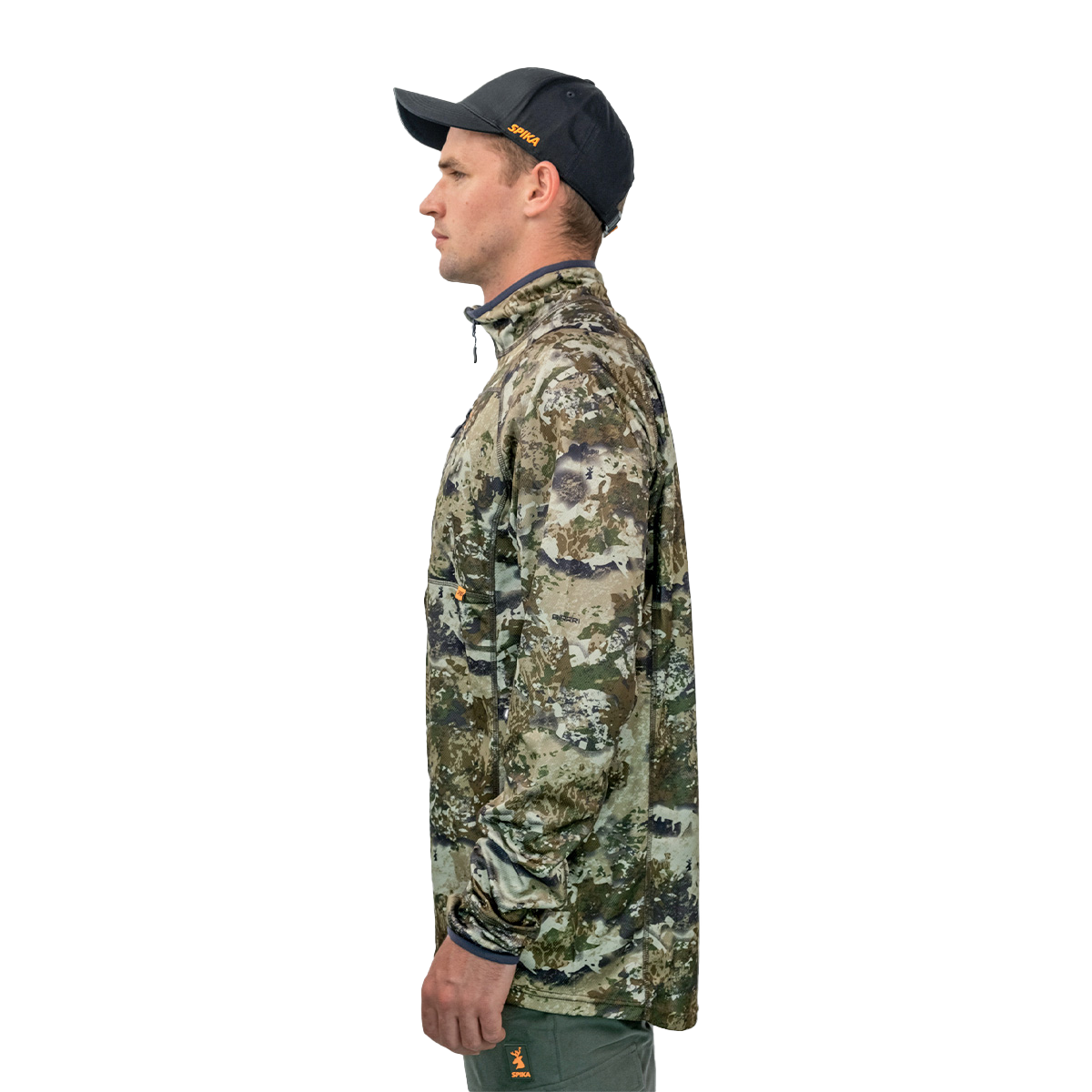 Man wearing the Spika Guide men's lightweight top in Biarri Camo, side profile view