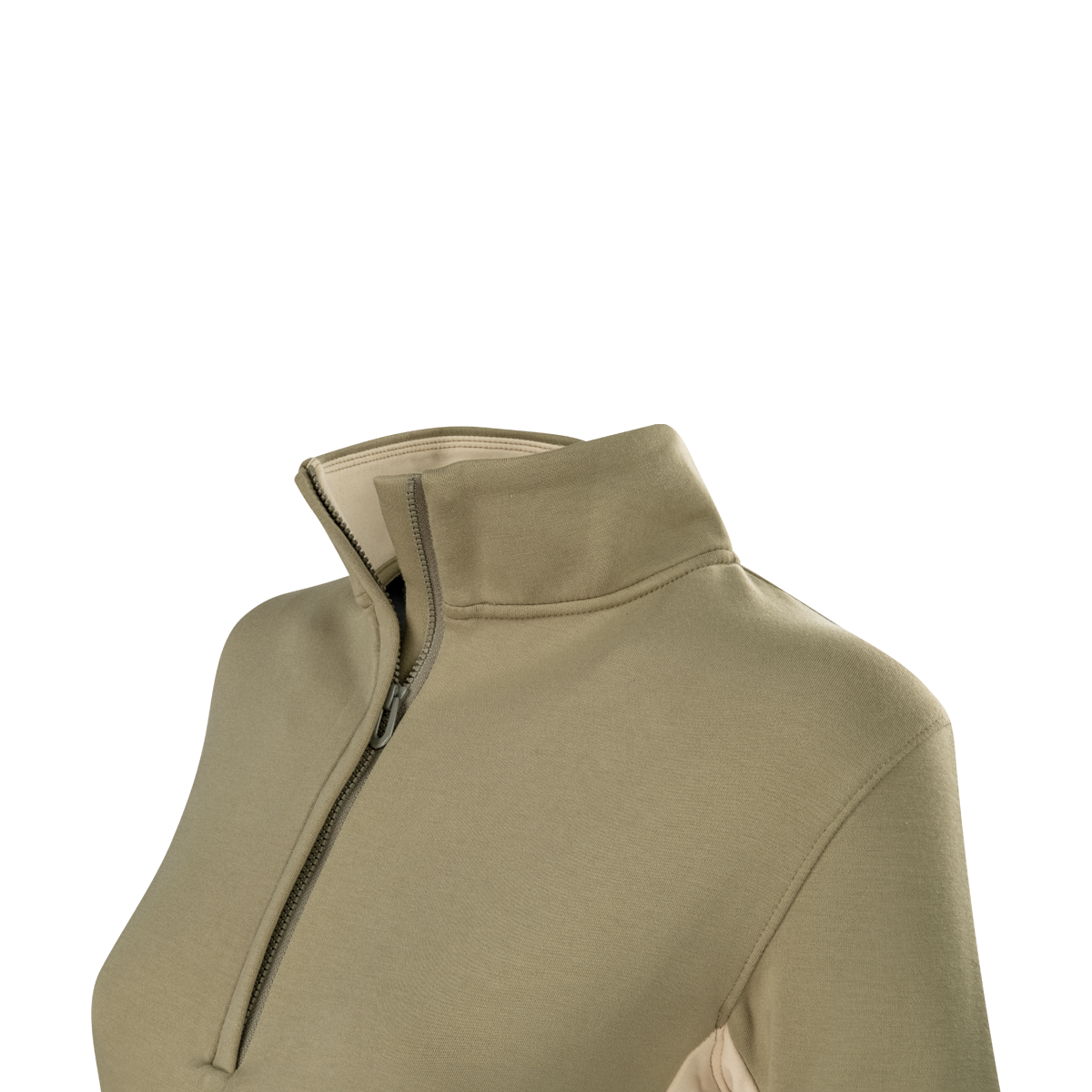 Close-up of the stand collar and front zip on the Spika GO AVP women's olive half-zip top