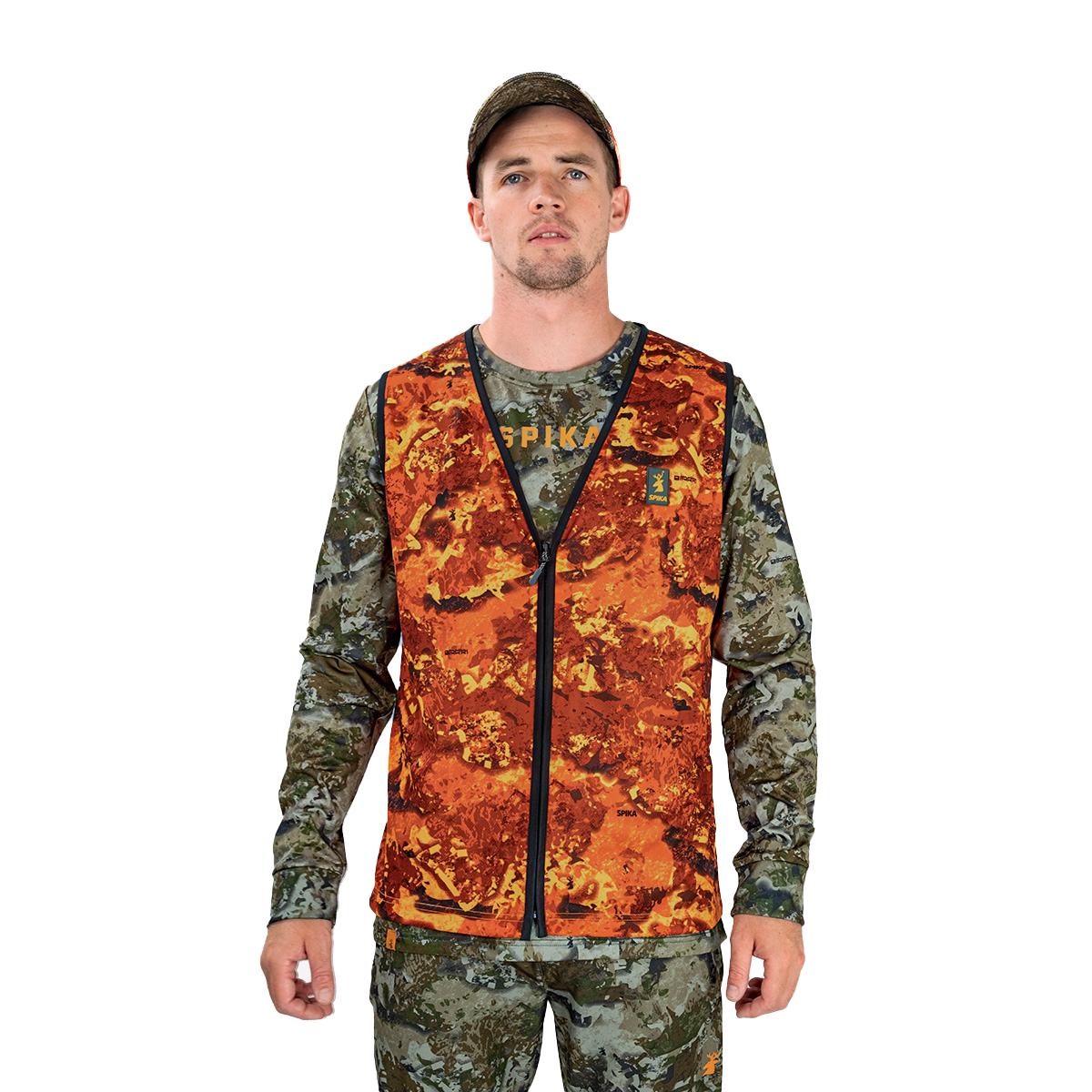 Hunter wearing the Spika Ranger vest in Biarri Blaze over a Biarri Camo top, front view