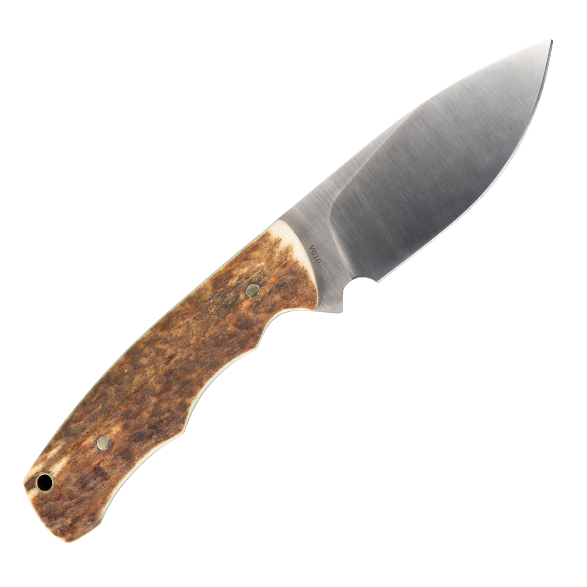 Spika Bushmaster Jeremiah fixed blade knife, reverse side view with drop point blade and antler-look handle