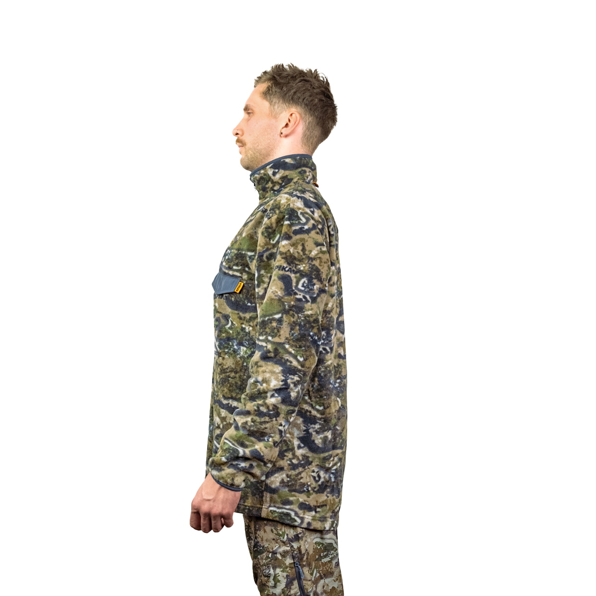 Model wearing the Spika Basecamp men's Biarri Camo fleece jumper, side profile view