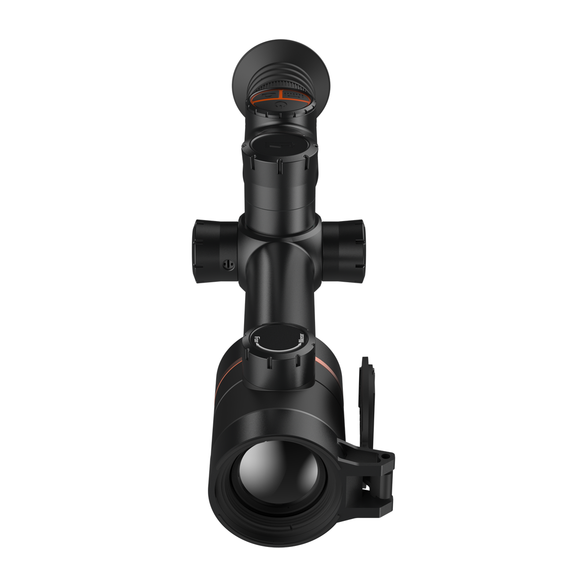 ThermTec Ares 335 2.0 thermal tube scope in black, front end-on view of objective lens and cap