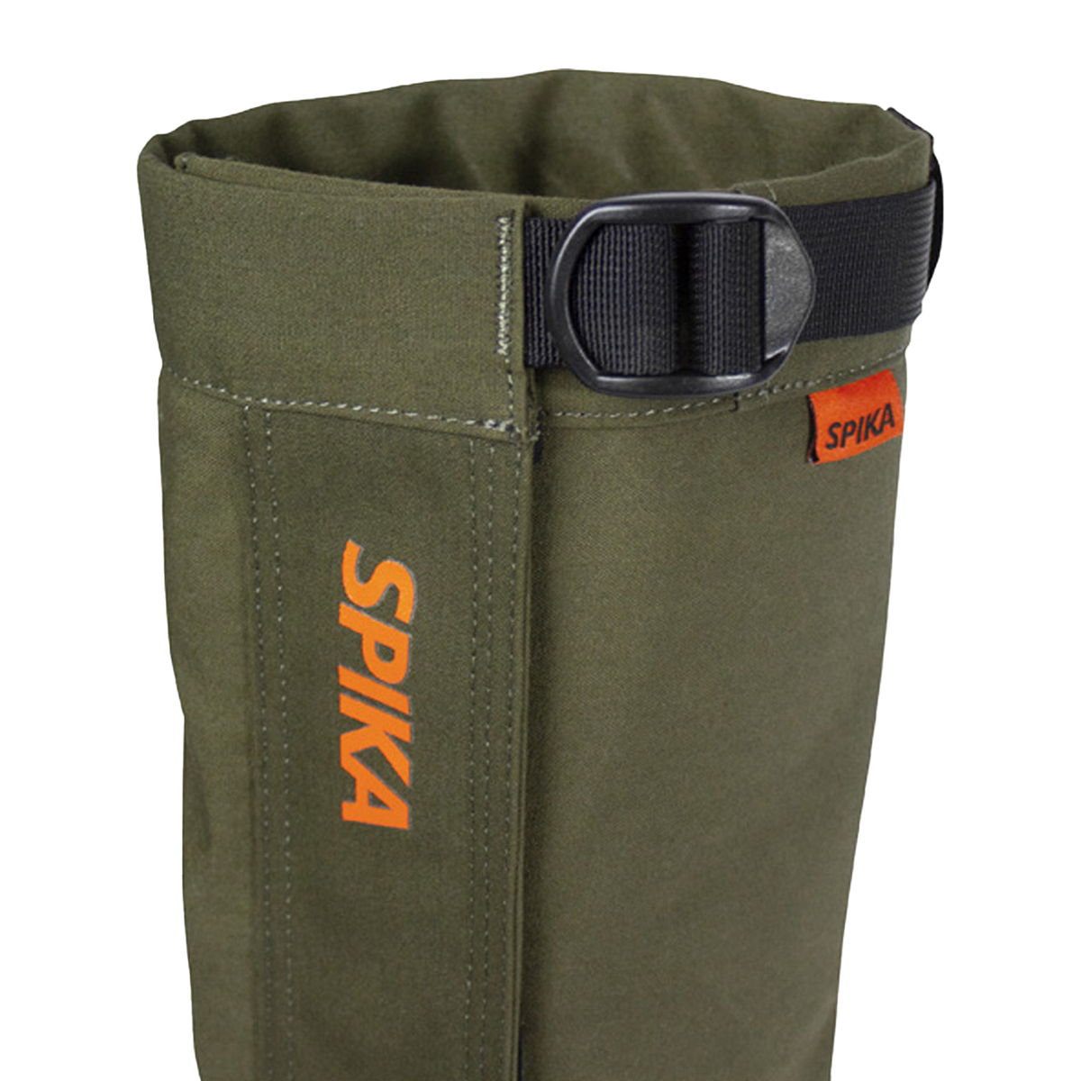 Spika Strike hunting gaiter in Olive, close-up of the top buckle strap and Spika logo tag