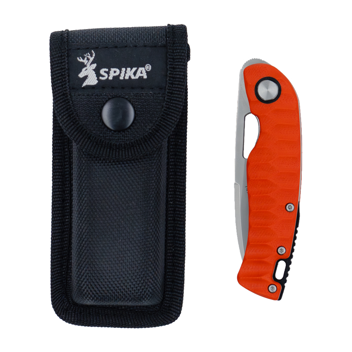 Spika Bushmaster Tango orange folding knife closed beside its black nylon Spika belt pouch