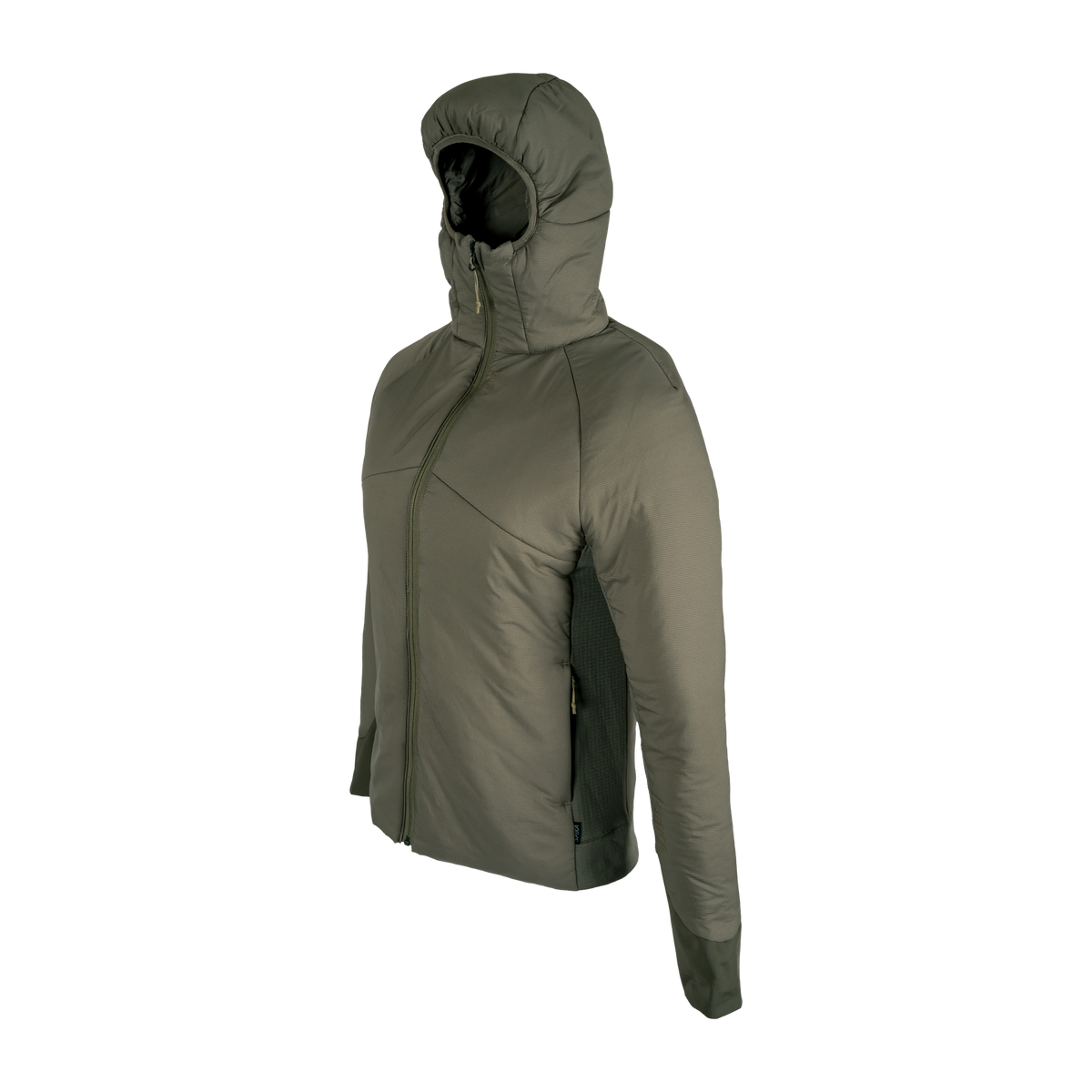 Spika Aura women's hybrid puffer jacket in Dusky Green, three-quarter side view of the hood and panels