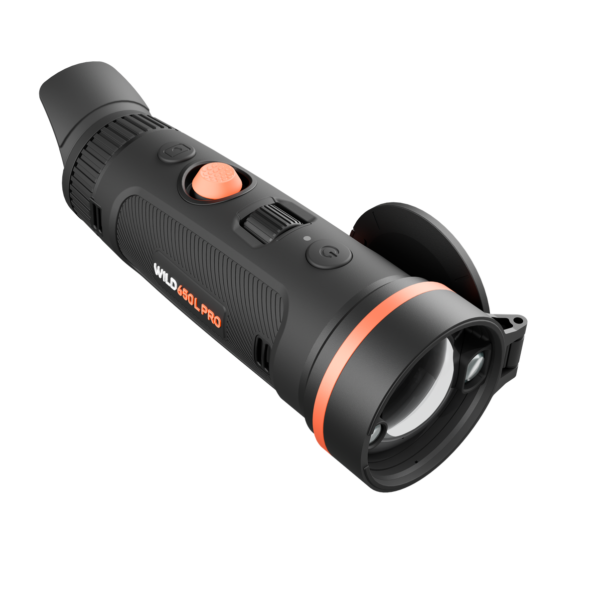 ThermTec Wild 650L Pro thermal monocular, front three-quarter view with lens cap open and model badge