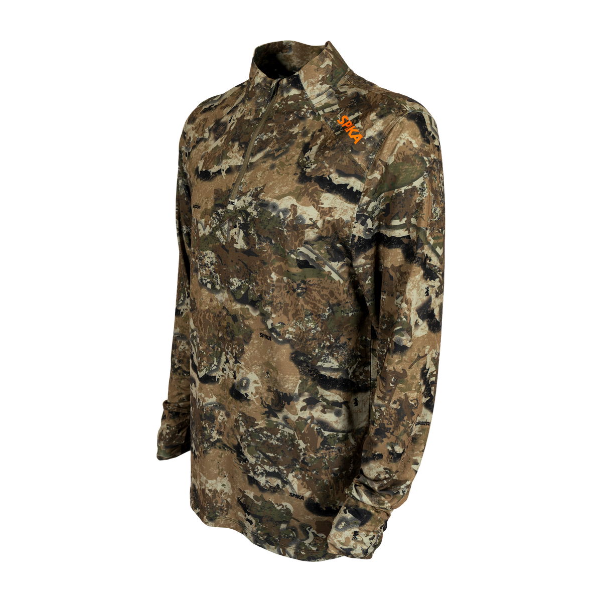 Spika Enduro men's Biarri Camo athletic top, three-quarter view of the collar and orange logo