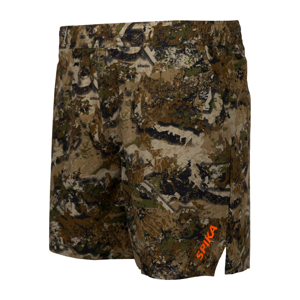 Spika GO Arid men's Biarri Camo quick dry shorts, side angle showing orange SPIKA logo on the leg