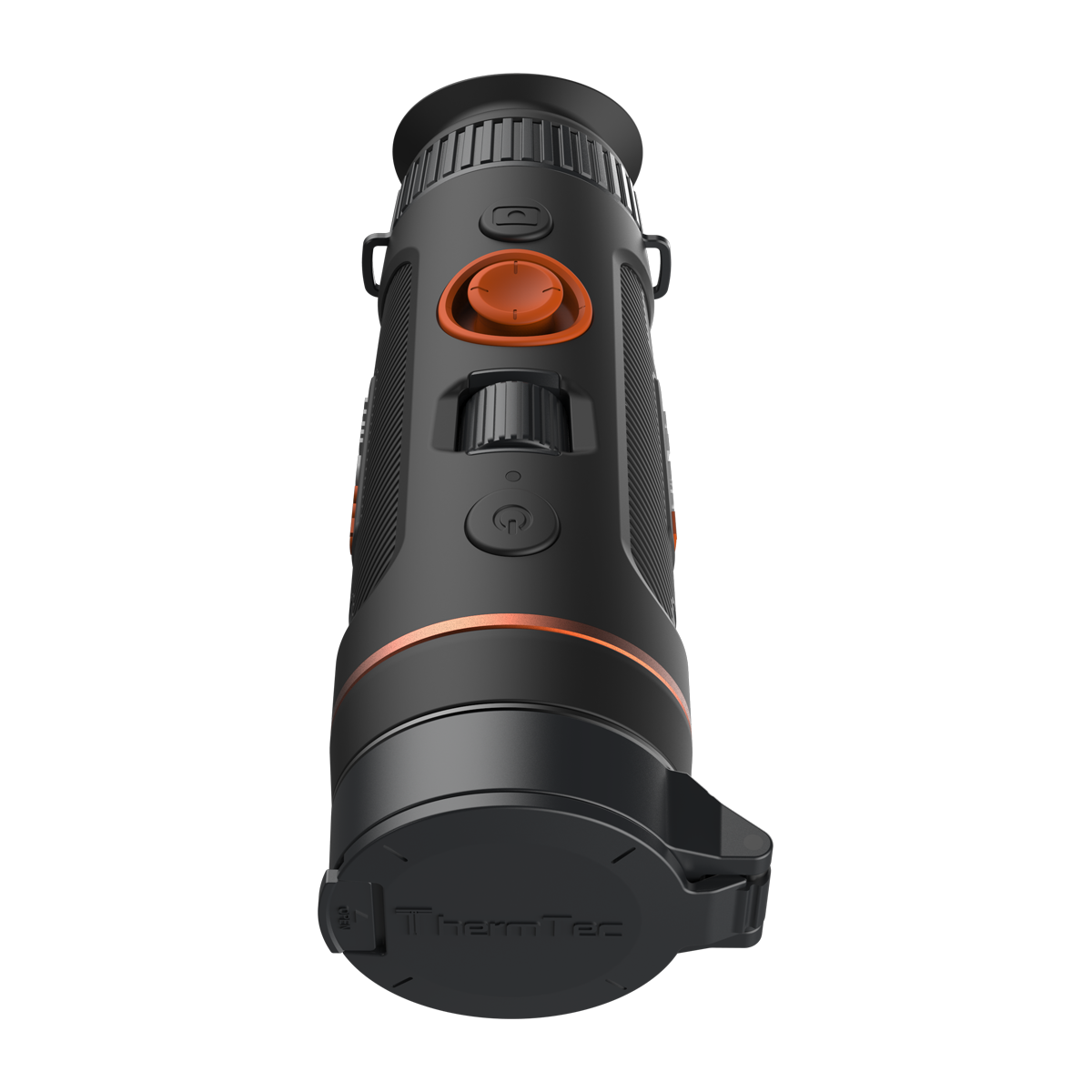 ThermTec Wild 335 thermal monocular, top view from the eyepiece end with lens cap closed