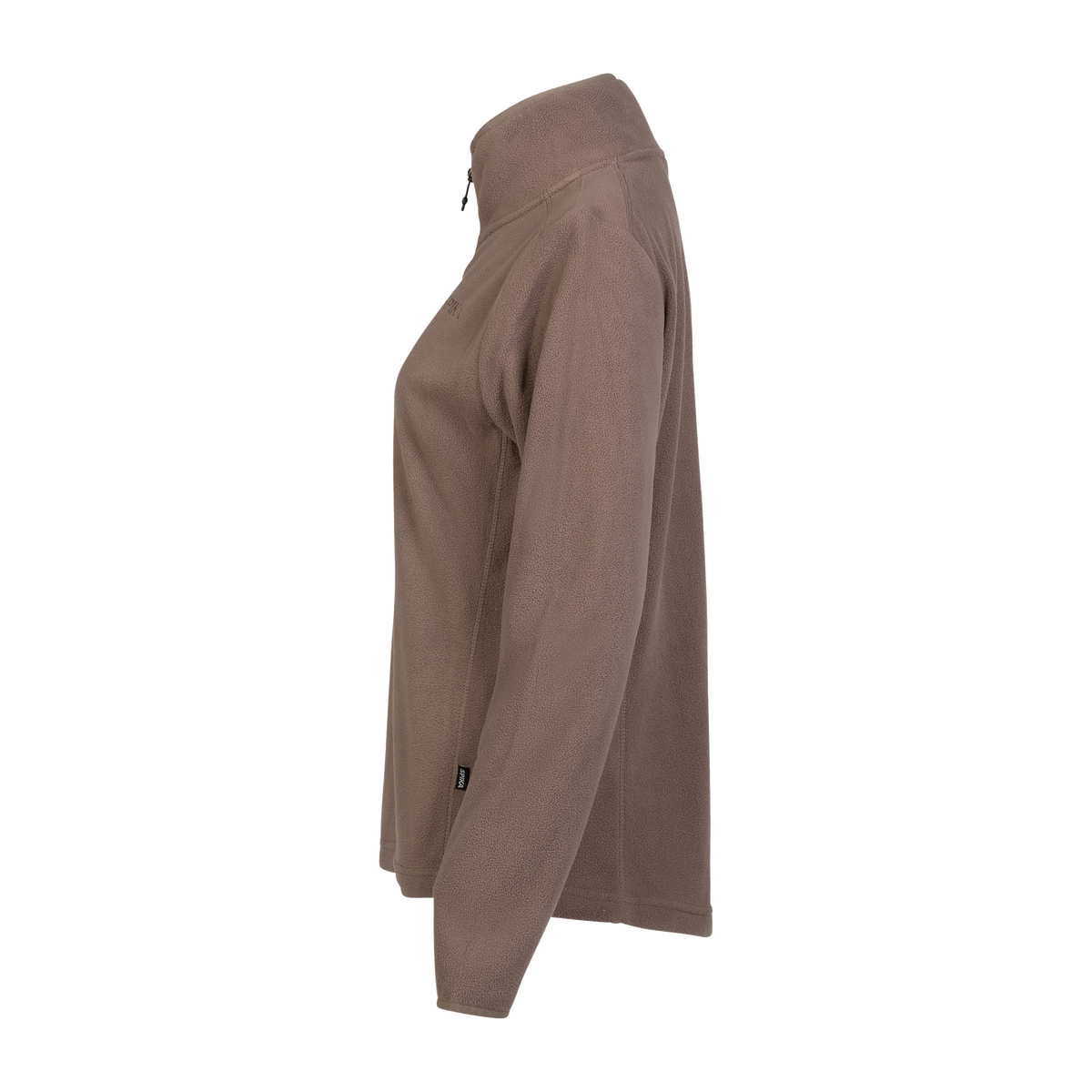 Spika Highland women's fleece jumper in Latte Brown, side profile view with high collar