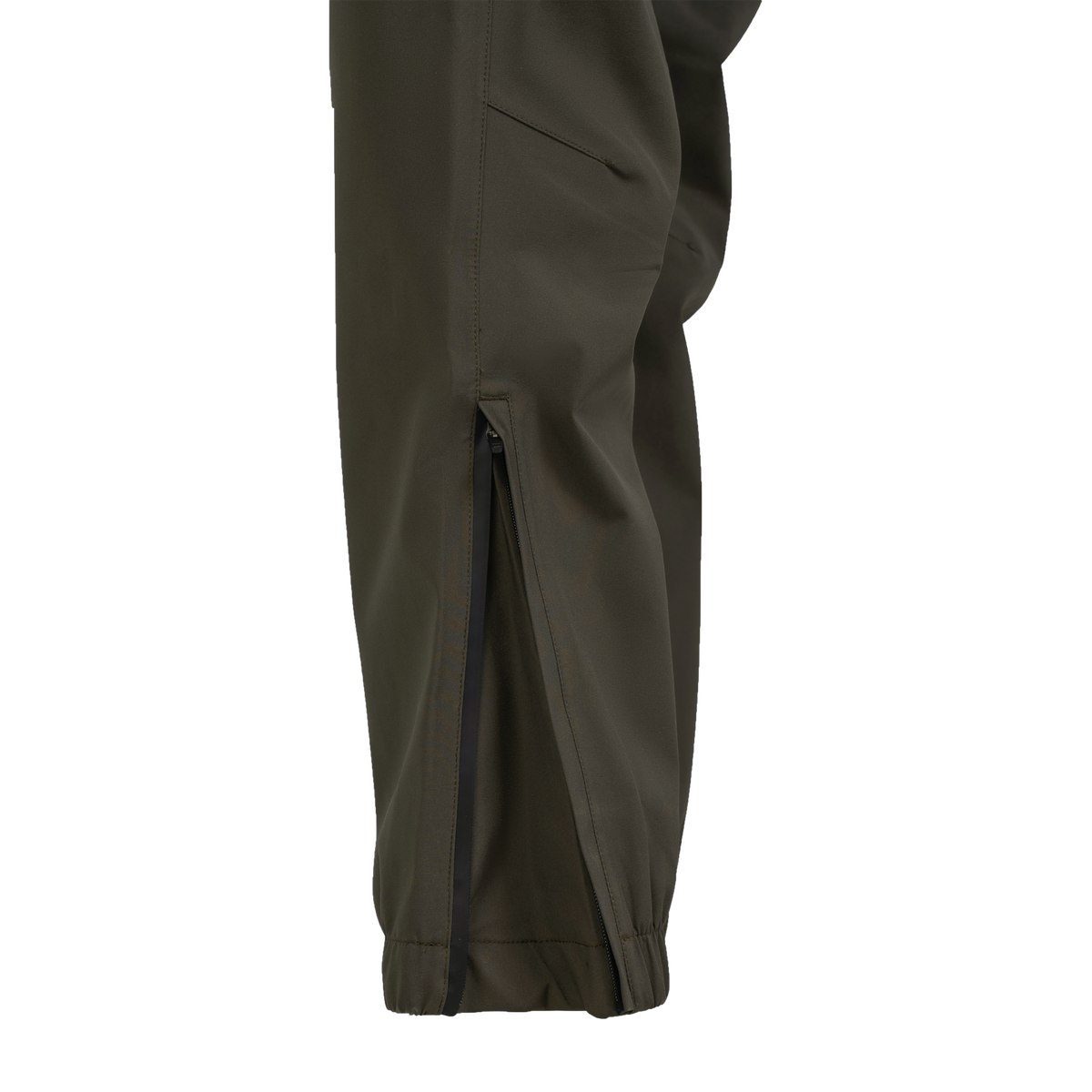 Spika Reign women's pants in Olive Summit, close-up of the side ankle zip opened