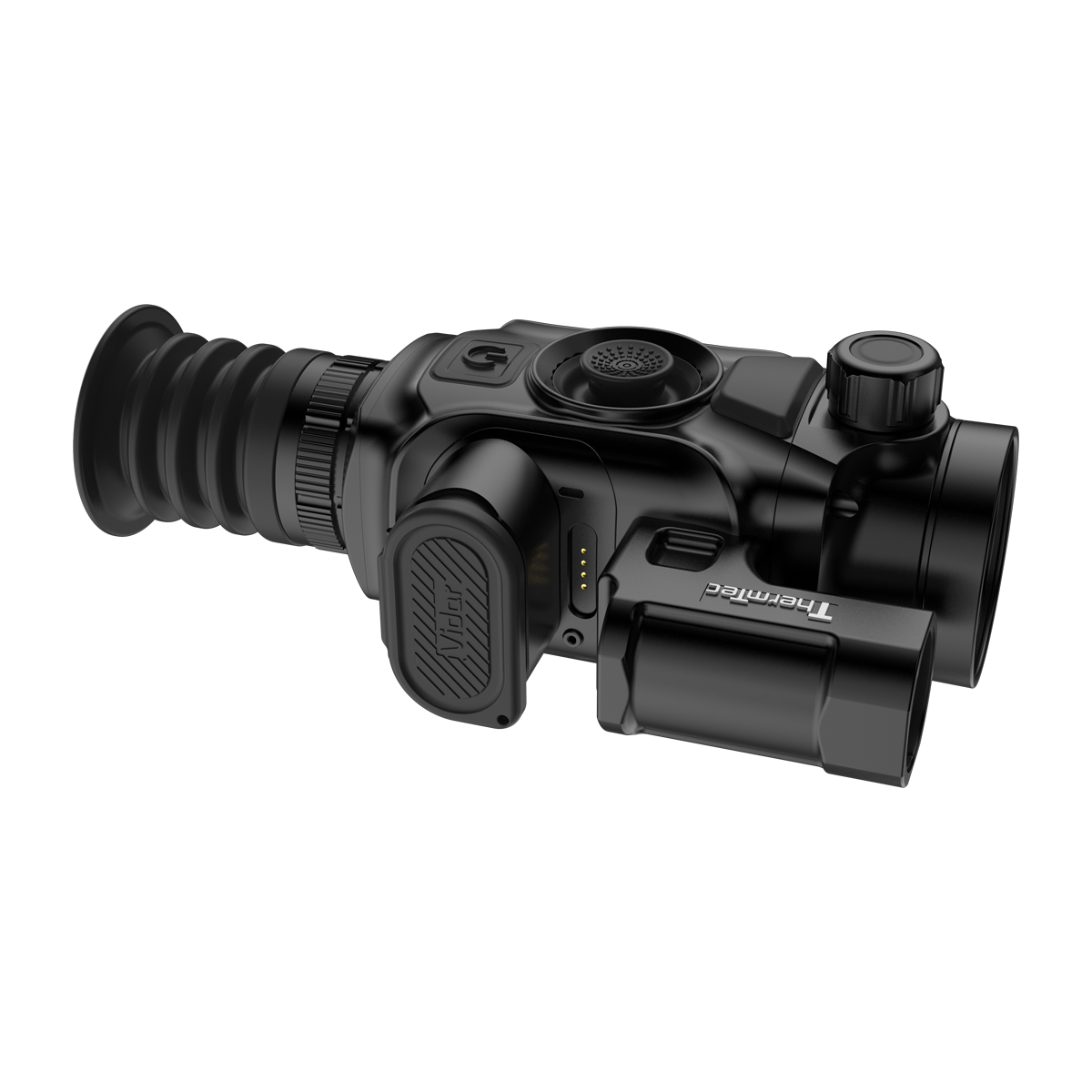 ThermTec Vidar-LRF 335L 2.0 thermal compact scope, angled side view of battery cover and focus knob
