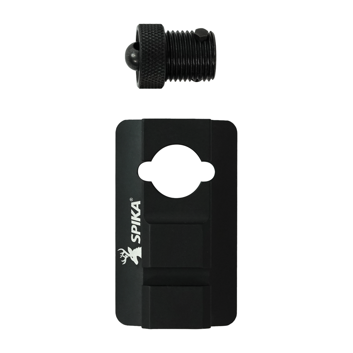 Spika Velocity bipod adaptor parts: black picatinny rail plate and threaded sling swivel stud