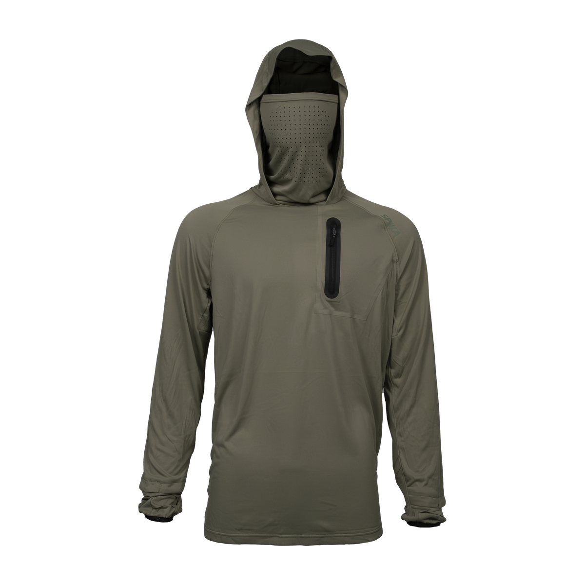Spika Bandit men's hunting hoodie in Moss Green, front view with perforated face mask pulled up