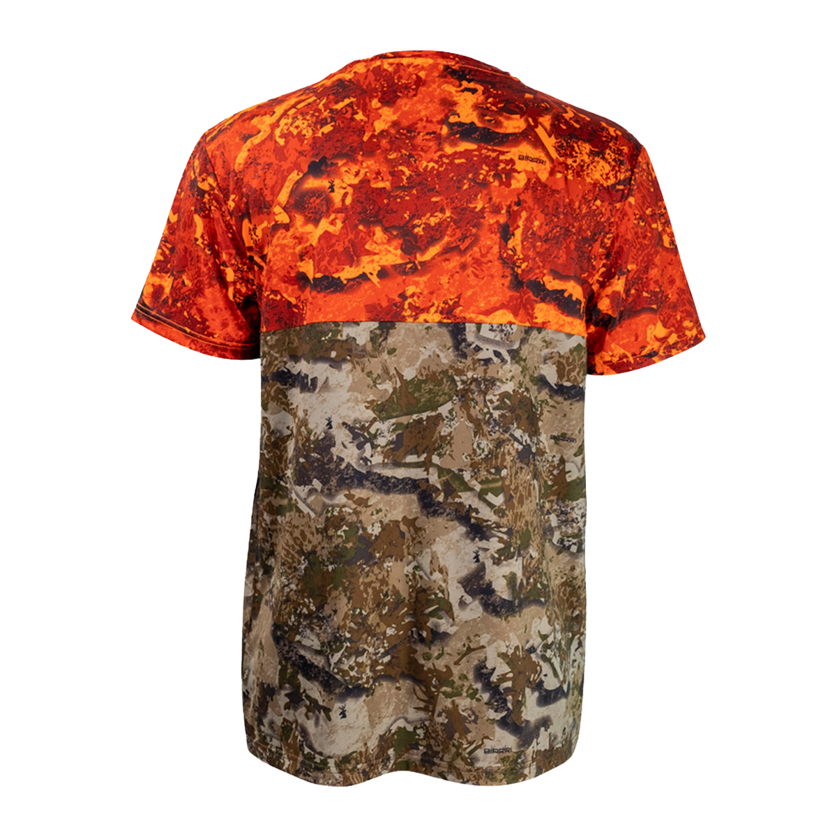 Spika Trail men's T-shirt in Biarri Blaze, back view with blaze orange shoulders and camo lower