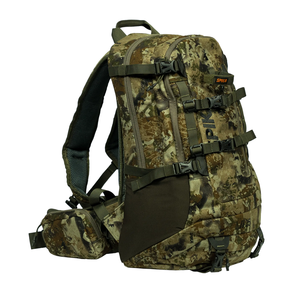Spika Drover II Pro Pack 25L in Biarri Camo, three-quarter front view with compression straps and hip belt