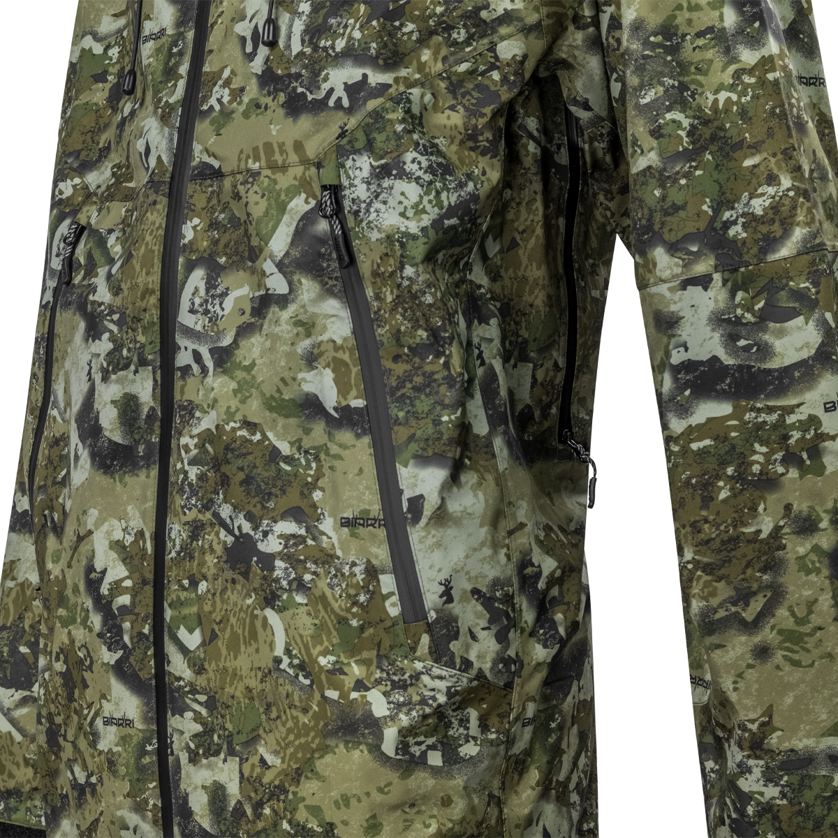 Spika Edge men's jacket close-up of the Biarri Camo fabric with vertical zip pockets and pit zip