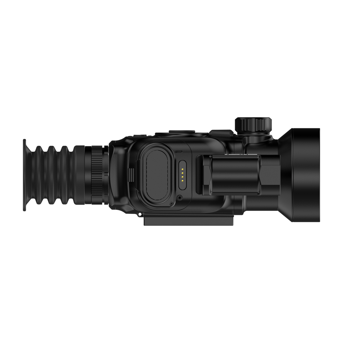 ThermTec Vidar-LRF 650L 2.0 thermal compact scope, side view of battery compartment and focus knob