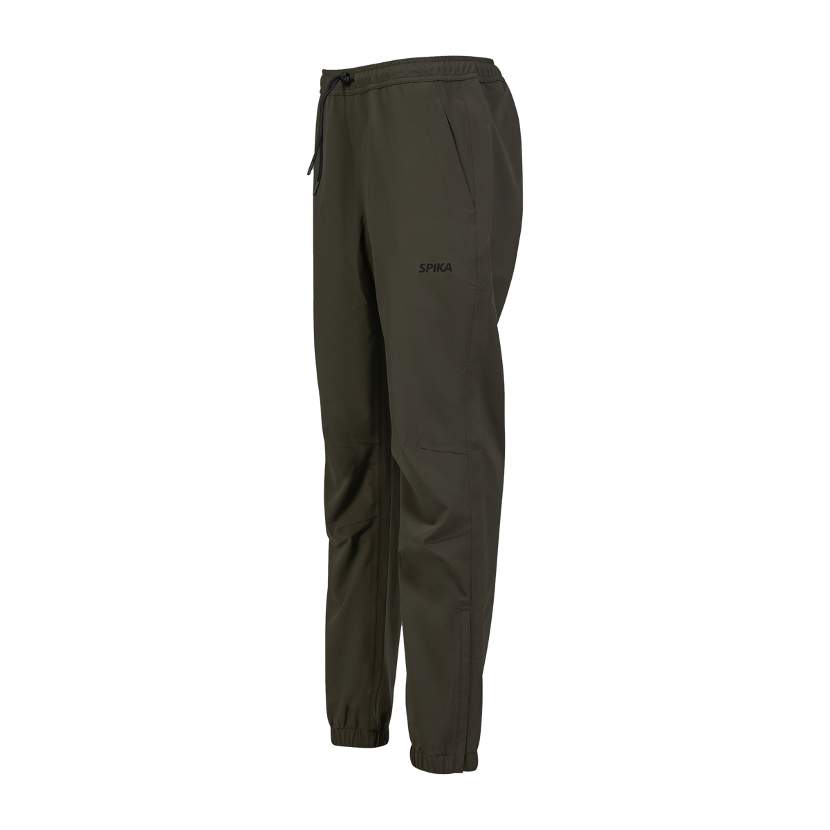 Spika Reign women's pants in Olive Summit, three-quarter view showing the SPIKA hip print
