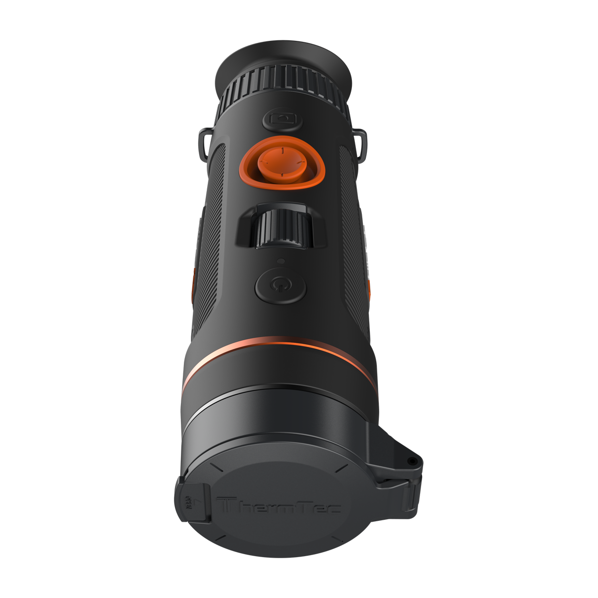 ThermTec Wild 635 thermal monocular, top view from the eyepiece end with lens cap closed